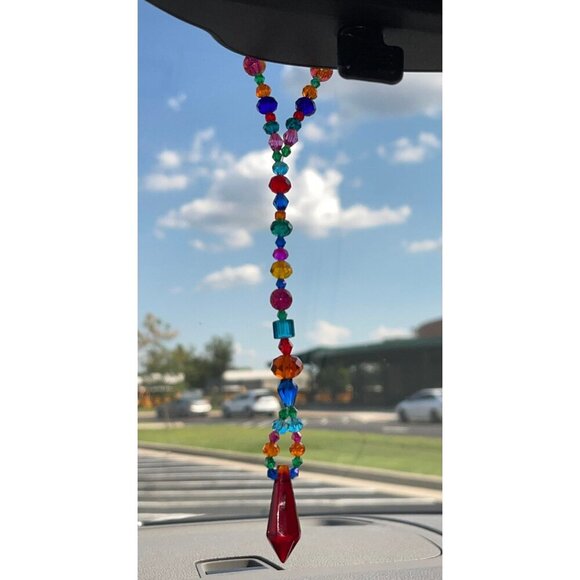 Beaded Suncatcher Rearview Mirror Ornament Colorful Red Crystal Prism Car Charm - Picture 6 of 9